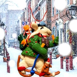 Vintage claydough rabbit skiing ornament